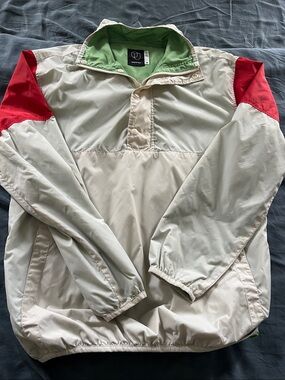 Original Use Cream Windbreaker with Red Shoulder Panels and Green Lining